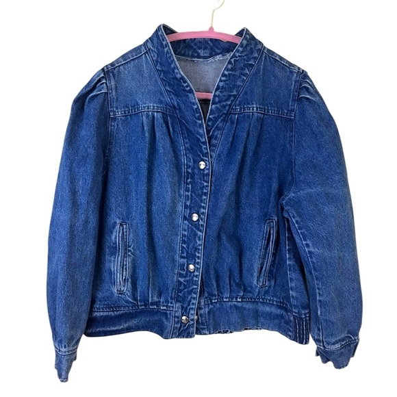 Vintage Retro 80’s Cotton V-Neck Pucker Shoulder V-Neck Snap Denim Jacket (L) - Picture 2 of 16